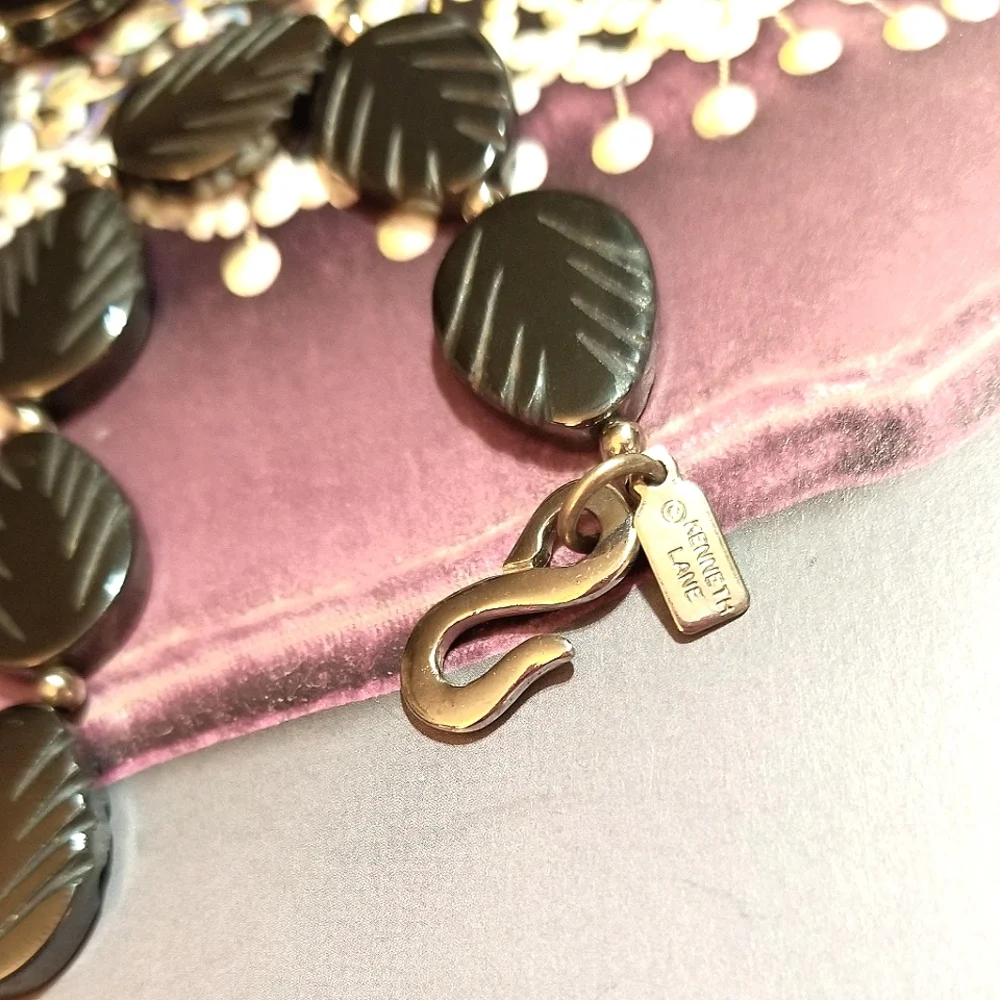 1980s Kenneth Lane Carved Hematite Leaf Necklace
